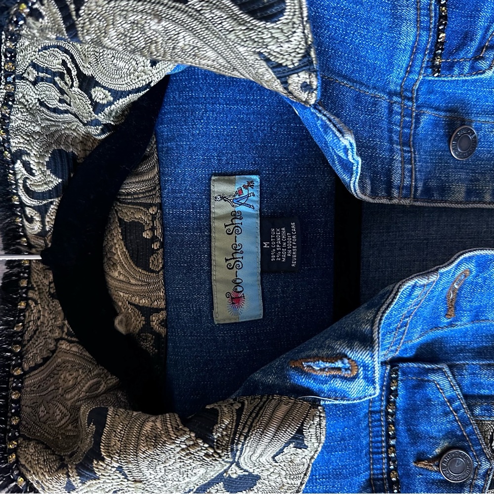 Blue Jean Brocade Jacket Rhinestone Bling Fall Jacket Versace Boho Medium - Picture 15 of 16